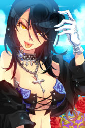 Rule 34 | 1girl, black hair, bra, breasts, c.seryl, choker, cleavage, cropped jacket, cross, flower, gloves, hair over one eye, jewelry, large breasts, lingerie, long hair, lowres, necklace, rose, solo, sunglasses, sword girls, tongue, underwear, water, yellow eyes