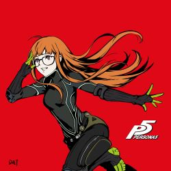 Rule 34 | 1girl, absurdres, ahoge, arms up, belt, black bodysuit, black legwear, blunt bangs, bodysuit, da-cart, elbow gloves, elbow pads, from side, glasses, gloves, green footwear, green gloves, hand up, highres, hime cut, leg up, logo, long hair, long sleeves, open mouth, orange hair, outstretched arm, persona, persona 5, purple eyes, red background, running, sakura futaba, signature, simple background, smile, solo, teeth