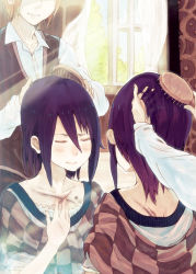 Rule 34 | 1boy, 1girl, brushing hair, comb, brushing hair, closed eyes, hand on another&#039;s chest, hand on own chest, hrd, mirror, original, purple hair, reflection, scar