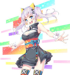 Rule 34 | 1girl, :d, animal ears, armpits, black dress, blue eyes, blush, breasts, cat ears, cleavage, cleavage cutout, clothing cutout, cowboy shot, dress, fake animal ears, hair ornament, hairclip, high collar, highres, kaguya luna, large breasts, long hair, looking at viewer, multicolored background, nakazawa aki, obi, open mouth, outstretched arms, petticoat, red thighhighs, sash, short dress, side slit, silver hair, sleeveless, sleeveless dress, smile, solo, standing, tareme, the moon studio, thighhighs, twintails, underbust, v-shaped eyebrows, virtual youtuber, wristband, zettai ryouiki