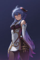 Rule 34 | 1girl, ahoge, arms behind back, bare shoulders, bell, black pantyhose, blue hair, blush, breasts, chinese knot, covered navel, detached sleeves, flower knot, ganyu (genshin impact), genshin impact, gold trim, horns, kekko 044, long hair, looking at viewer, medium breasts, neck bell, night, pantyhose, purple eyes, sidelocks, solo, thighlet, thighs, vision (genshin impact), white sleeves