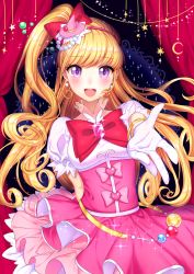 Rule 34 | 1girl, :d, asahina mirai, blonde hair, blush, bow, cowboy shot, cure miracle, earrings, gem, gloves, hair bow, half updo, hat, highres, jewelry, long hair, looking at viewer, magical girl, mahou girls precure!, mini hat, mini witch hat, open mouth, pink bow, pink hat, pink skirt, ponytail, precure, purple eyes, red bow, skirt, smile, solo, umeno (shio1205), white gloves, witch hat