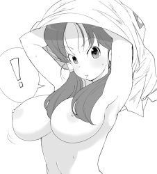Rule 34 | 1girl, armpits, arms up, blush, breasts, clothes lift, dragon ball, dragonball z, greyscale, hair tubes, henyaan (oreizm), large breasts, lifting own clothes, long hair, looking at viewer, monochrome, motion lines, navel, nipples, parted lips, shirt lift, solo, standing, sweat, sweatdrop, topless, upper body, videl