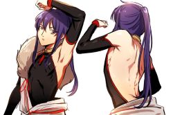 Rule 34 | 10s, 1boy, arm up, armpits, back, bare shoulders, bridal gauntlets, ensemble stars!, from behind, fur, japanese clothes, kanzaki souma, karochin (kotnec3), long hair, looking at viewer, male focus, multiple views, ponytail, purple eyes, purple hair, traditional clothes, upper body