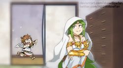 Rule 34 | 1boy, 1girl, abswillowfan, blanket, boku no hero academia, chest of drawers, dress, green hair, jewelry, kid icarus, looking back, necklace, nintendo, open mouth, opening door, palutena, parody, pit (kid icarus), running, smile, squatting, white dress
