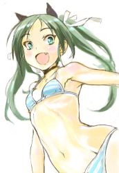 Rule 34 | 1girl, :d, aqua eyes, armpits, bikini, blush, chikuwa (tks), choker, collarbone, fang, francesca lucchini, green hair, groin, hair ribbon, image sample, long hair, md5 mismatch, navel, open mouth, pixiv sample, ribbon, simple background, smile, solo, strike witches, striped bikini, striped clothes, swimsuit, twintails, white background, world witches series