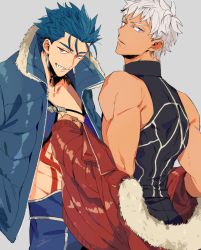 Rule 34 | 2boys, archer (fate), bad id, bad pixiv id, bare pectorals, bare shoulders, blue hair, blue jacket, cu chulainn (fate), cu chulainn (fate/stay night), cu chulainn (second ascension) (fate), dark-skinned male, dark skin, earrings, fate (series), fur-trimmed jacket, fur trim, grin, jacket, jewelry, male focus, multiple boys, nipples, off shoulder, official alternate costume, pectorals, red eyes, red jacket, smile, tatsuta age, tattoo, topless male, white hair