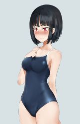 Rule 34 | 1girl, @ @, adjusting clothes, adjusting swimsuit, arm behind back, black hair, black one-piece swimsuit, blue one-piece swimsuit, blush, bob cut, breasts, collarbone, competition school swimsuit, covered navel, cowboy shot, dickbomber, embarrassed, from side, grey background, hand on own chest, hand on own stomach, highres, hip focus, legs together, looking away, looking down, medium breasts, mole, mole under eye, nervous smile, new school swimsuit, nose blush, one-piece swimsuit, original, red eyes, school swimsuit, shiny clothes, short hair, simple background, skin tight, smile, solo, standing, sweat, swimsuit, symbol-shaped pupils, wavy mouth