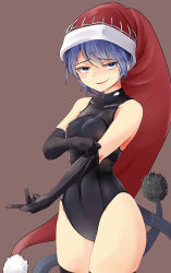 Rule 34 | 1girl, black gloves, black one-piece swimsuit, blue eyes, blue hair, brown background, competition swimsuit, cowboy shot, doremy sweet, elbow gloves, gloves, hat, highres, nama shirasu, nightcap, one-piece swimsuit, pom pom (clothes), short hair, simple background, smug, solo, standing, swimsuit, touhou, turtleneck