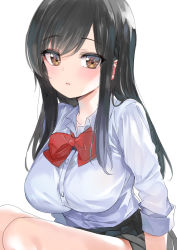 Rule 34 | 1girl, black hair, black skirt, bow, bowtie, breasts, brown eyes, buttons, collarbone, collared shirt, emily (pure dream), large breasts, long hair, long sleeves, looking at viewer, original, parted lips, pleated skirt, red bow, red bowtie, school uniform, shirt, shirt tucked in, sidelocks, simple background, skirt, solo, thighs, white background, white shirt