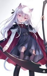 Rule 34 | animal ears, black dress, blouse, bow, cape, cat, cat tail, collared shirt, commentary request, dress, highres, holding, holding weapon, long hair, na-ga, open mouth, original, panties, pantyshot, pinafore dress, red bow, red eyes, scythe, shirt, sleeveless dress, solo, standing, tail, thighhighs, underwear, upskirt, weapon, white shirt