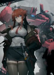 1girl bird/binary blue_eyes breasts crimson_thunderbird glowing glowing_eyes highres holding holding_weapon holster jacket large_breasts las91214 long_hair mecha miniskirt necktie open_clothes open_jacket red_hair red_necktie robot shirt skirt sleeveless sleeveless_shirt thighhighs weapon white_shirt