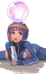 Rule 34 | 1girl, amado (shin), arm support, ass, blue jacket, blue shorts, blue thighhighs, blunt bangs, bob cut, breasts, circlet, commentary request, crystal ball, dark-skinned female, dark skin, green eyes, hand on own cheek, hand on own face, highres, jacket, long sleeves, looking at viewer, medium breasts, menat, official alternate costume, open mouth, purple hair, short hair, shorts, simple background, solo, split, street fighter, thighhighs, track jacket, track suit, white background