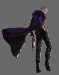 Rule 34 | 1boy, absurdres, back, black gloves, black legwear, blue coat, blue eyes, boots, brown footwear, coat, devil may cry (series), devil may cry 5, fingerless gloves, gloves, grey background, gun, hand in pocket, handgun, highres, holding, holding gun, holding weapon, hood, hood down, looking back, male focus, nero (devil may cry), padded coat, paper hide, red shirt, revolver, shirt, simple background, sleeve rolled up, solo, standing, torn clothes, weapon, white hair, zipper
