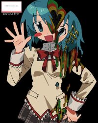 Rule 34 | 1girl, :d, abstract, absurdres, bleeding, blood, blue eyes, blue hair, blush stickers, bow, bowtie, cowboy shot, empty eyes, false smile, hair ornament, hairclip, heart, highres, looking at viewer, mahou shoujo madoka magica, miki sayaka, open mouth, pleated skirt, red bow, red bowtie, school uniform, short hair, skirt, smile, solo, split head, stylized blood, symbolism, tears, translation request, uotsu (sabakou), waving
