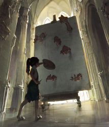 Rule 34 | 1girl, arm up, canvas (object), column, curtains, dino (dinoartforame), disembodied hand, easel, from behind, from below, high ponytail, highres, original, overalls, paint, paintbrush, pillar, shirt, slippers, standing, tile floor, tiles, vaulted ceiling, white shirt, window