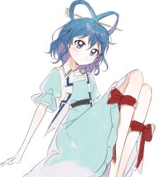 Rule 34 | 1girl, arm support, blue dress, blue eyes, blue hair, dress, expressionless, feet out of frame, flat chest, hair ornament, hair rings, hair stick, highres, j (ppxx3543), kaku seiga, knees up, leaning back, leg ribbon, red ribbon, ribbon, simple background, sitting, solo, touhou, white background