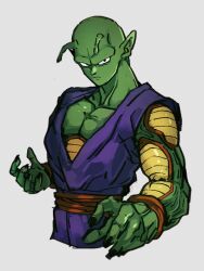 Rule 34 | 1boy, antennae, bald, black eyes, black nails, closed mouth, collarbone, colored skin, dragon ball, dragonball z, fingernails, green skin, grey background, kemachiku, long hair, looking at viewer, male focus, namekian, piccolo, pointy ears, simple background, solo
