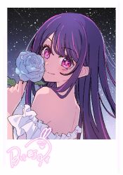 1girl blue_flower blue_rose blush character_signature closed_mouth commentary cropped_torso flower frills highres holding holding_flower hoshino_ai_(oshi_no_ko) long_hair looking_at_viewer off_shoulder oshi_no_ko purple_eyes purple_hair rose sidelocks sky solo star-shaped_pupils star_(sky) star_(symbol) starry_sky symbol-shaped_pupils upper_body yamabukiyuki