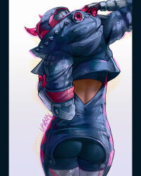 Rule 34 | 1girl, apex legends, artist name, ass, back cutout, black bodysuit, black jacket, bodysuit, clothing cutout, commentary, cyber punked wattson, english commentary, facing down, from behind, highres, horns, jacket, letterboxed, mechanical arms, mechanical legs, mixed-language commentary, official alternate costume, solo, spanish commentary, ukabare, wattson (apex legends)