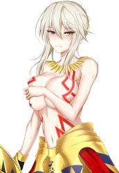 Rule 34 | 1girl, armor, artoria pendragon (fate), artoria pendragon (lancer alter) (fate), black gloves, blonde hair, blush, breast press, breasts, commentary request, cosplay, covering privates, covering breasts, cowboy shot, fate/grand order, fate (series), gilgamesh (fate), gilgamesh (fate) (cosplay), gloves, hair between eyes, highres, large breasts, looking at viewer, navel, nose blush, short hair, sidelocks, simple background, single glove, solo, standing, stomach, sweat, tattoo, topless, watarase piro, wavy mouth, white background, yellow eyes