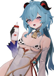 Rule 34 | 1girl, absurdres, ahoge, baby bottle, bare shoulders, bebe (bebe pp), bikini, black gloves, blue hair, bottle, breasts, commentary request, cowbell, curled horns, detached collar, detached sleeves, ganyu (genshin impact), genshin impact, gloves, goat horns, hair between eyes, hand up, highres, holding, holding bottle, horns, long hair, looking at viewer, lower teeth only, medium breasts, milk, no panties, open mouth, purple eyes, simple background, solo, sweat, swimsuit, teeth, tongue, underboob, vision (genshin impact), wavy mouth, white background, white bikini