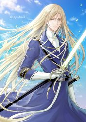 Rule 34 | 1boy, artist name, bishounen, blonde hair, blue eyes, cloud, gloves, hagino kouta, holding, holding sword, holding weapon, light smile, long hair, long sleeves, looking at viewer, male focus, military, military uniform, outdoors, plunderer, robert du vanvich, sheath, solo, standing, sword, uniform, very long hair, weapon, white gloves