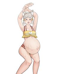 Rule 34 | animal ears, cat ears, cat girl, cat tail, highres, nia (xenoblade), pregnant, stretching, sweat, swimsuit, tagme, tail, traveler san, xenoblade chronicles (series), xenoblade chronicles 2