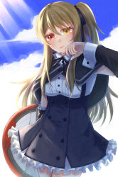 Rule 34 | 1girl, absurdres, arm at side, assault lily, black capelet, black ribbon, black skirt, blue sky, blush, breasts, buttons, capelet, cloud, collared shirt, cowboy shot, day, detached sleeves, frilled skirt, frilled sleeves, frills, hair between eyes, hair ribbon, hand on own face, hand up, heterochromia, high-waist skirt, highres, holding, holding shield, kuo shenlin, light brown hair, looking away, medium breasts, miniskirt, neck ribbon, one side up, outdoors, parted lips, raised eyebrows, red eyes, ribbon, school uniform, shield, shirt, sidelocks, skirt, sky, sleeveless, sleeveless shirt, solo, standing, sunlight, suspender skirt, suspenders, sweat, white shirt, wiping face, wiping sweat, yellow eyes, yozakurayuyu, yurigaoka girls academy school uniform