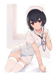 Rule 34 | 1girl, arm support, bed sheet, black hair, blush, breasts, closed mouth, commentary request, dress, gin00, hair between eyes, hand up, hat, holding, idolmaster, idolmaster shiny colors, lanyard, morino rinze, nurse, nurse cap, panties, red eyes, short sleeves, small breasts, smile, solo, stethoscope, thighhighs, underwear, white dress, white hat, white panties, white thighhighs