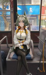 Rule 34 | 1girl, absurdres, animal ears, arknights, black pantyhose, black skirt, blue eyes, blush, bus interior, crossed legs, foot out of frame, gaai, gloves, green hair, grey footwear, highres, id card, jacket, kingdom of kazimierz logo, lanyard, long hair, looking at viewer, open clothes, open jacket, pantyhose, parted lips, proviso (arknights), seat, shirt, short hair, sitting, skirt, solo, tail, white gloves, white jacket, white shirt