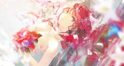 Rule 34 | 1girl, absurdres, ayauchi, bare arms, bare shoulders, blue eyes, bouquet, breasts, butterfly hair ornament, cleavage, dress, flower, go-toubun no hanayome, hair ornament, highres, holding, holding bouquet, long hair, looking at viewer, medium breasts, nakano nino, solo, strapless, strapless dress, twitter username, wedding dress, white dress