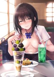 Rule 34 | 1girl, bag, black skirt, blush, bow, bowtie, breasts, brown eyes, brown hair, cafe, cup, drink, drinking straw, embarrassed, exhibitionism, food, fruit, glass table, ice cream, ice cream float, long hair, looking at viewer, mappaninatta, medium breasts, melon soda, mole, mole under mouth, navel, no bra, open clothes, open shirt, original, panties, pleated skirt, pov, public indecency, purple bow, purple bowtie, school bag, school uniform, see-through, serafuku, shirt, short hair, sitting, skirt, solo, spread legs, sundae, sweat, table, tearing up, underwear, white panties, white shirt