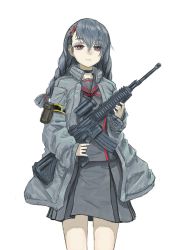 Rule 34 | 1girl, absurdres, assault rifle, black choker, braid, brown eyes, choker, closed mouth, coat, commentary request, empty eyes, grey coat, grey hair, gun, hair ornament, highres, holding, holding gun, holding weapon, long hair, long sleeves, neckerchief, nito (nshtntr), open clothes, open coat, original, red neckerchief, rifle, sailor collar, school uniform, serafuku, simple background, skirt, solo, twin braids, weapon, white background, x hair ornament