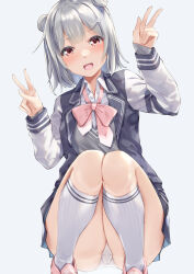 Rule 34 | 1girl, :d, arm up, black jacket, black skirt, bow, cevio, collared shirt, commentary request, double bun, double v, dress shirt, feet out of frame, grey background, grey hair, grey sweater, hair bun, hair ornament, hairclip, hand up, highres, jacket, kanzen bouon, koharu rikka, letterman jacket, looking at viewer, open clothes, open jacket, open mouth, panties, pink bow, pink footwear, pleated skirt, red eyes, ribbed legwear, shirt, simple background, skirt, smile, socks, solo, sweater, synthesizer v, underwear, v, voiceroid, white panties, white shirt, white socks