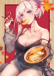 Rule 34 | 1girl, autumn leaves, blue eyes, blush, breasts, cardigan, chopsticks, cleavage, collarbone, commentary request, cutoffs, denim, denim shorts, earrings, eating, fate/grand order, fate (series), food, food on face, grey cardigan, holding, holding chopsticks, holding plate, jewelry, kanola u, large breasts, leaf, long hair, long sleeves, looking at viewer, maple leaf, miyamoto musashi (fate), noodles, off shoulder, open cardigan, open clothes, plate, ponytail, purple hair, short shorts, shorts, signature, single sidelock, sitting, solo, sparkling eyes, strap slip, tempura, udon