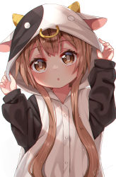Rule 34 | 1girl, :o, animal costume, animal ears, blush, brown eyes, brown hair, buttons, commentary request, cow costume, cow ears, cow hood, fake animal ears, fake horns, hands up, highres, hood, hood up, hooded pajamas, horns, long hair, looking at viewer, oomuro-ke, oomuro hanako, pajamas, parted lips, revision, signature, simple background, solo, upper body, usagi koushaku, white background, yuru yuri