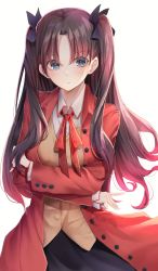 Rule 34 | 1girl, absurdres, black hair, black ribbon, blue eyes, blush, breasts, closed mouth, coat, collared shirt, colored tips, commission, crossed arms, fate/stay night, fate (series), hair ribbon, highres, homurahara academy school uniform, long hair, looking at viewer, multicolored hair, neck ribbon, pixiv commission, red coat, red ribbon, ribbon, school uniform, shirt, solo, tohsaka rin, two side up, vest, yellow vest, yuunamida uyu