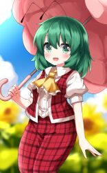 Rule 34 | 1girl, antennae, ascot, blurry, blush, collared shirt, commentary request, cosplay, depth of field, field, flower, flower field, green eyes, green hair, highres, holding, holding umbrella, kazami yuuka, kazami yuuka (cosplay), kazami yuuka (pc-98), long hair, looking at viewer, open clothes, open mouth, open vest, pants, parasol, plaid, plaid pants, plaid vest, puffy short sleeves, puffy sleeves, red pants, red vest, ruu (tksymkw), shirt, short sleeves, skirt, skirt set, smile, solo, sunflower, sunflower field, touhou, touhou (pc-98), umbrella, vest, white shirt, wriggle nightbug, yellow ascot