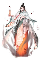 Rule 34 | 1boy, absurdres, aura, bamboo print, black hair, dragon print, earrings, eyeshadow, fran artroom, full body, gradient hair, highres, japanese clothes, jewelry, kimono, looking at viewer, makeup, mouth hold, multicolored hair, original, sitting, solo, topknot, white kimono, wide sleeves