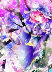 Rule 34 | 1girl, bad id, bad pixiv id, blue hat, cherry blossoms, collared dress, colorful, dress, female focus, hat, in tree, japanese clothes, kazu (muchuukai), nature, outdoors, pink eyes, pink hair, plant, saigyouji yuyuko, short hair, sitting, solo, touhou, tree, wavy hair