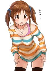 Rule 34 | breasts, brown hair, caramel lily555, cleavage, idolmaster, idolmaster cinderella girls, jewelry, large breasts, long sleeves, necklace, panties, striped, sweat, thighhighs, thighs, totoki airi, twintails, underwear, undressing, yellow eyes