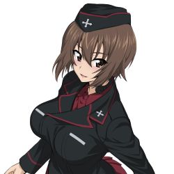 Rule 34 | 1girl, black hat, black jacket, blush, brown eyes, brown hair, commentary request, dress shirt, garrison cap, girls und panzer, hat, insignia, jacket, kuromorimine military uniform, light blush, long sleeves, looking at viewer, military, military hat, military uniform, miniskirt, nakahira guy, nishizumi maho, open mouth, pleated skirt, red shirt, red skirt, shirt, short hair, simple background, skirt, smile, solo, standing, throat microphone, uniform, upper body, white background, wing collar