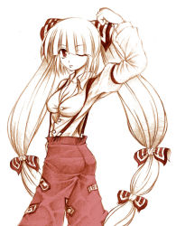 Rule 34 | 1girl, alternate hairstyle, arm up, bow, dress shirt, female focus, fujiwara no mokou, hair bow, long hair, long sleeves, looking back, one eye closed, pants, red eyes, shirt, simple background, solo, suspenders, tatamiya, touhou, traditional media, twintails, white shirt, wink