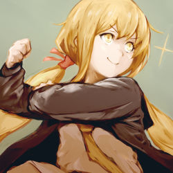 Rule 34 | 1girl, black serafuku, blonde hair, blue jacket, clenched hand, closed mouth, green background, jacket, kantai collection, long hair, long sleeves, looking to the side, necktie, nona (goodboy), satsuki (kancolle), school uniform, serafuku, serious, sparkle, traditional media, twintails, upper body, yellow eyes, yellow neckwear