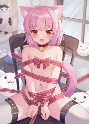 Rule 34 | 1girl, :d, absurdres, animal ear fluff, animal ears, bell, bound, bound wrists, breasts, cat ears, cat girl, cat tail, chair, choker, fangs, highres, looking at viewer, naked ribbon, navel, neck bell, nekopurin (nyanko prin), nude, on chair, open mouth, original, pink hair, red eyes, red ribbon, ribbon, short hair, sitting, small breasts, smile, solo, spread legs, tail, thighhighs, tissue, tissue box