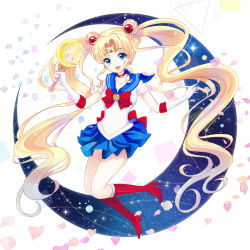 Rule 34 | 1girl, :d, bishoujo senshi sailor moon, blonde hair, blue eyes, blue sailor collar, blue skirt, boots, bow, brooch, choker, crescent, crescent earrings, double bun, earrings, elbow gloves, full body, gloves, hair ornament, hairpin, highres, jewelry, kapin, knee boots, long hair, looking at viewer, maboroshi no ginzuishou, magical girl, moon stick, open mouth, pleated skirt, red bow, red footwear, sailor collar, sailor moon, skirt, smile, solo, tiara, tsukino usagi, twintails, white gloves
