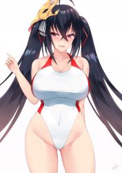 Rule 34 | 1girl, ahoge, arm behind back, azur lane, black hair, blush, breasts, collarbone, covered navel, crossed bangs, gluteal fold, groin, hair between eyes, hair ribbon, hand up, highleg, highleg swimsuit, highres, kuavera, large breasts, long hair, mask, mask on head, multicolored clothes, multicolored swimsuit, one-piece swimsuit, parted lips, red eyes, red one-piece swimsuit, red ribbon, ribbon, signature, simple background, smile, solo, standing, swimsuit, taihou (azur lane), twintails, white background, white one-piece swimsuit