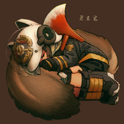 Rule 34 | 1girl, arknights, axe, black gloves, boots, brown background, brown hair, chabi (amedama), curled up, closed eyes, fire axe, gloves, helmet, lying, on side, shaw (arknights), sleeping, solo, squirrel tail, tail, tail pillow, zzz