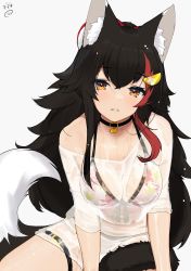 Rule 34 | 1girl, animal ear fluff, animal ears, bikini, bikini under clothes, black hair, blush, breasts, buckle, cleavage, collar, hair ornament, hairclip, highres, hololive, large breasts, leaning forward, long hair, looking at viewer, multicolored hair, nejime, ookami mio, ookami mio (hololive summer 2019), orange eyes, parted lips, red hair, see-through, shirt, sidelocks, signature, simple background, sitting, solo, streaked hair, swimsuit, tail, tail wrap, thigh strap, two-tone hair, very long hair, virtual youtuber, wet, wet clothes, wet shirt, white background, wolf ears, wolf girl, wolf tail